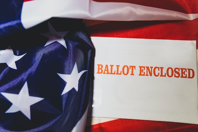 US election ballot and flag
