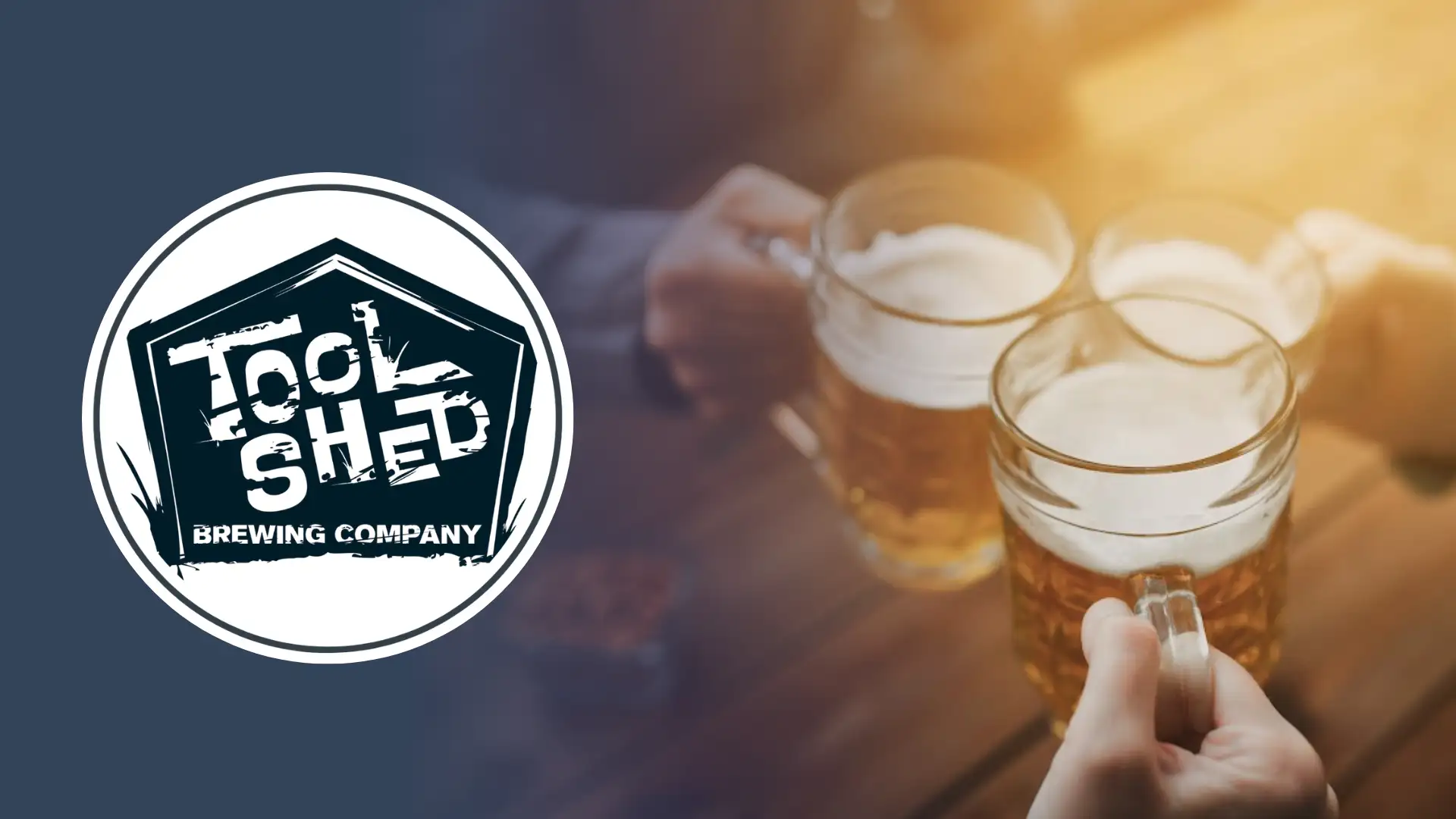 Toolshed logo with a background banner of beer mugs