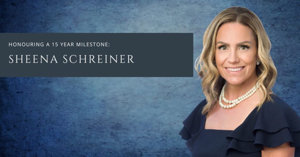 Advisor Sheena Schreiner with title "Honouring a 15 year mileston"