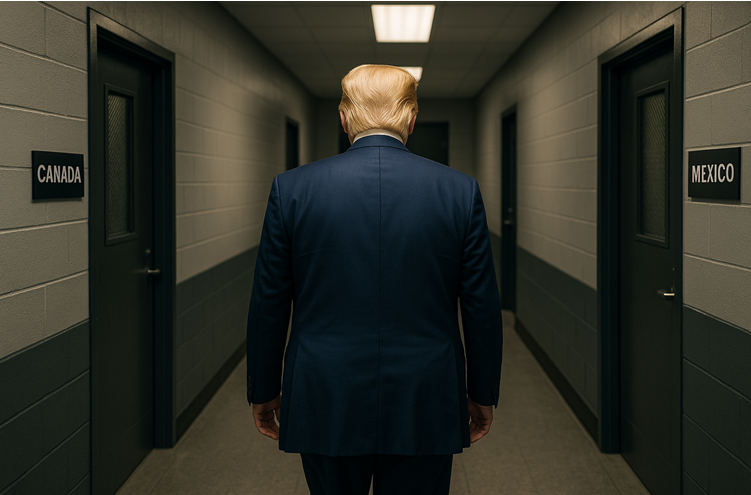 Trump in a hallway with doors to Canada and Mexico on either side