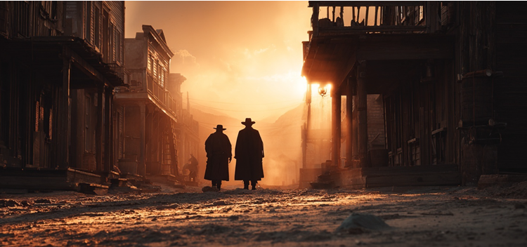 Western style image of two cowboys walking off into the sunset