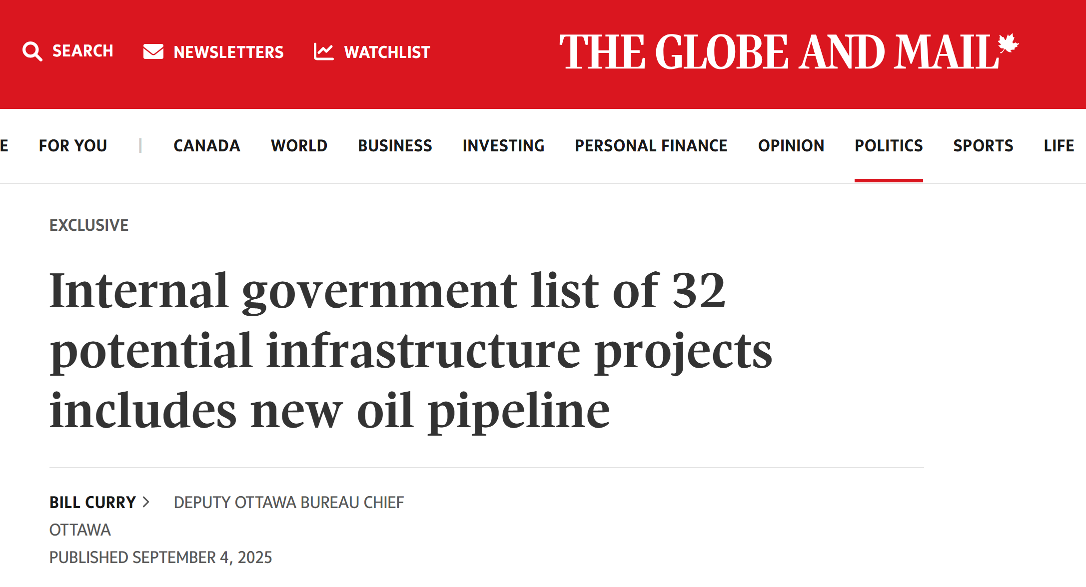 globe and mail article titled internal government list of 32 potential infrastructure projects will include new oil pipeline. government venture bets
