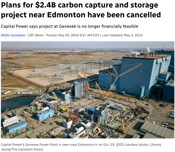 Article titled: plans for $2.4B carbon capture and storage project near Edmonton have been cancelled