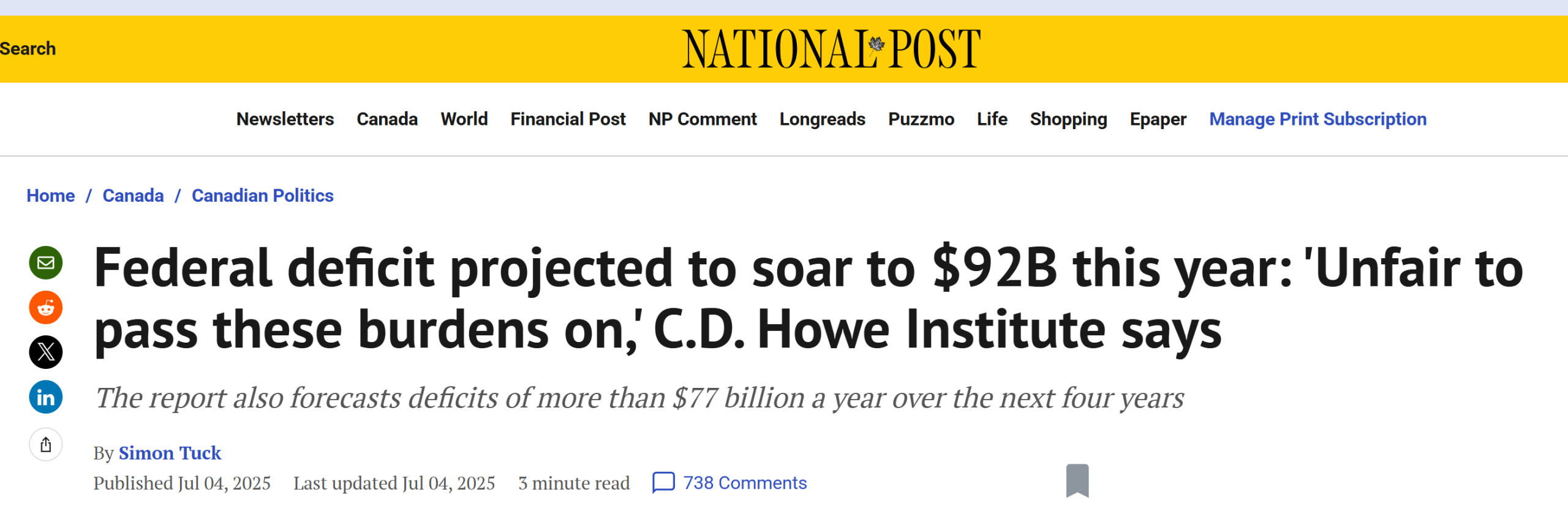 National Post article titled Federal deficit projected to soar to 92B...