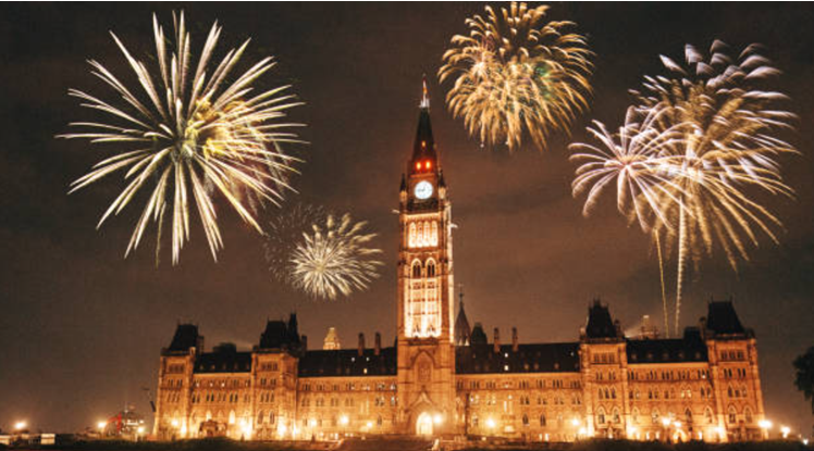 Canadian parliament buildings with fireworks behind them