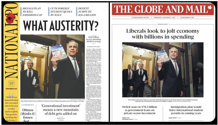 Headlines of Mark Carney presenting Canada's 2025 Budget