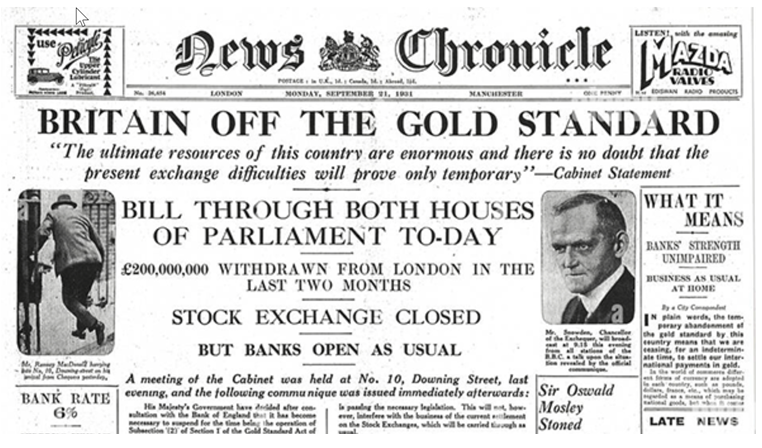 Old Newspaper outlining Britain Off The Gold Standard