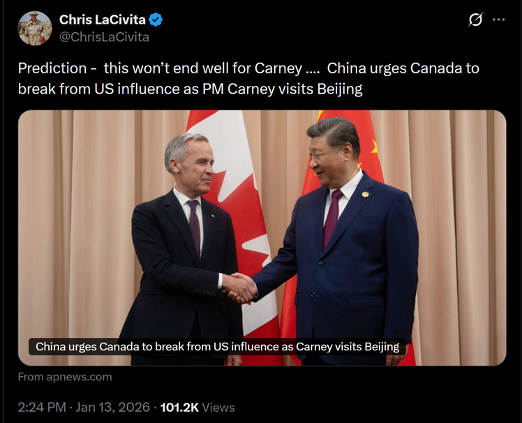 Tweet showing Mark Carney and President Xi of China shaking hands