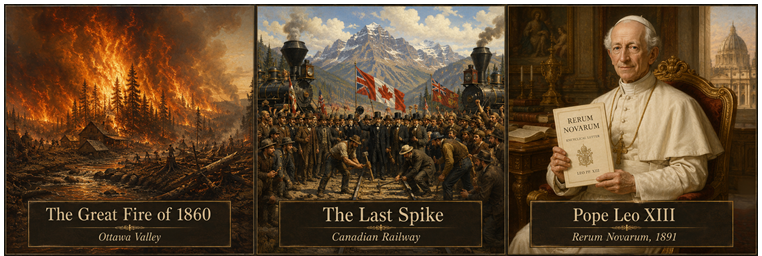 3 images showing progress: The Great Fire of1860 in the Ottawa Valley, The Last Spike in the Canadian Railway, and Pope Leo XIII