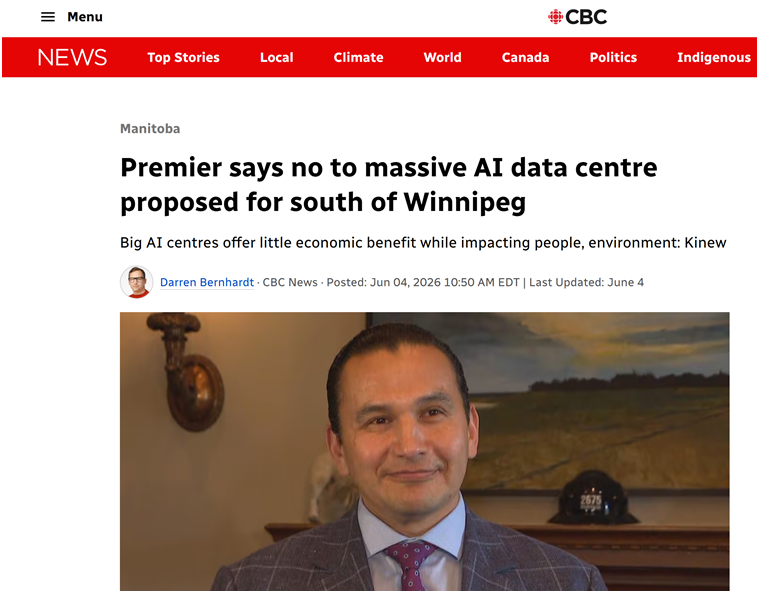 CBC News Article: Premier says no to massive AI data centre proposed for south of Winnipeg