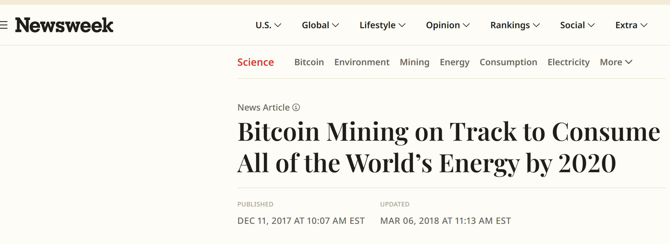 Newsweek Article: Bitcoin Mining on Track to Consume All of the World's Energy by 2020