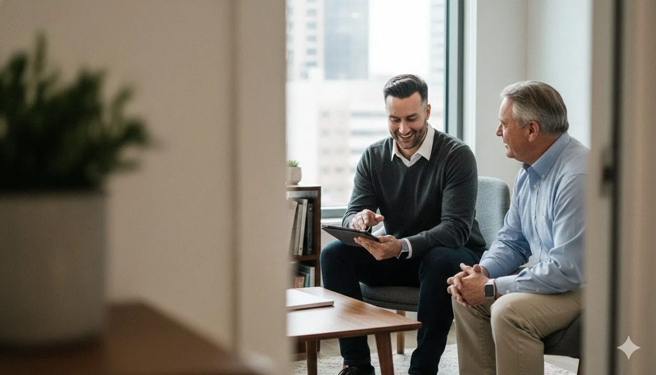 An advisor and a client in conversation in a bright office