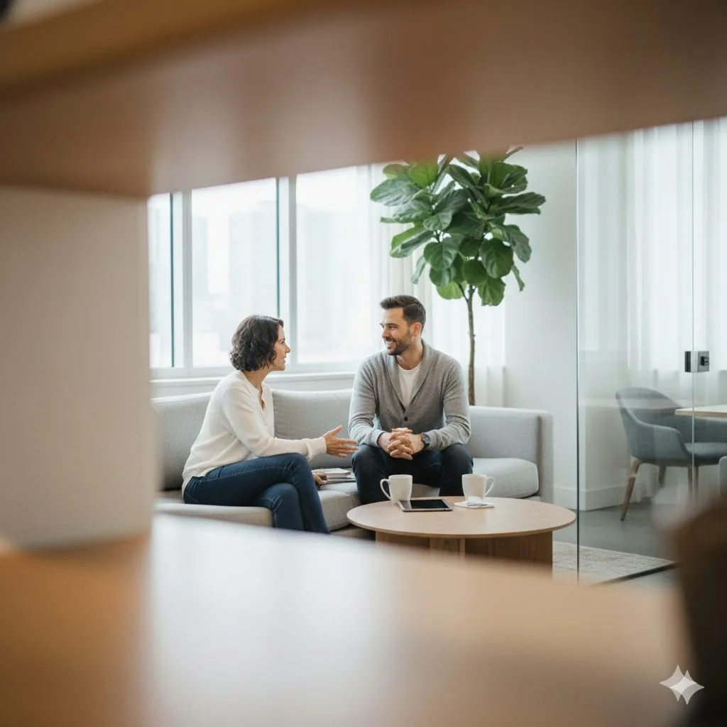 An advisor meeting with a couple in a comfortable office lounge