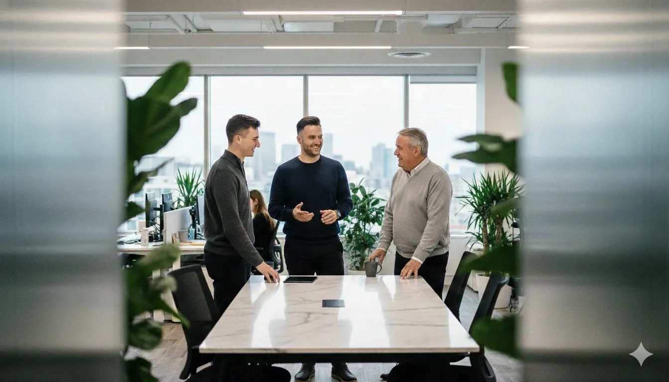 The NexGen team standing together around a meeting table