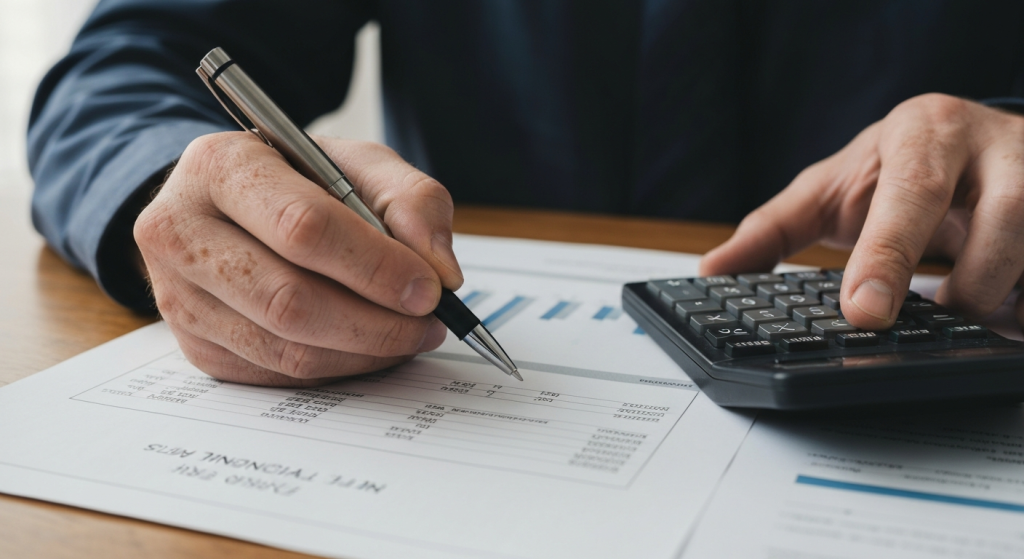 Close-up of hands reviewing financial documents with a pen and calculator