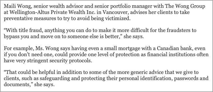 Measures that can protect homeowners, buyers from becoming victims of title fraud - Globe and Mail quote.