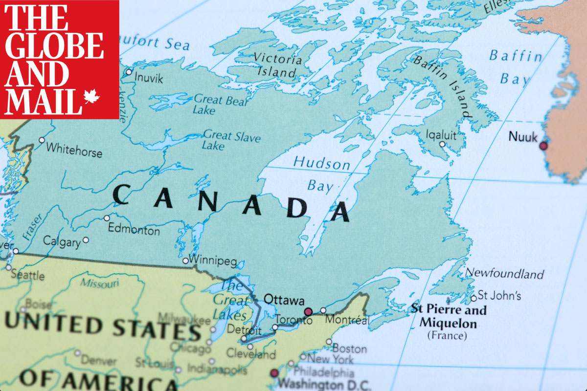 globe and mail logo placed over a map of canada and the USA symbolizing upcoming tariffs