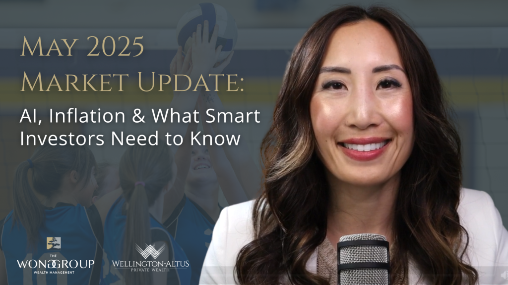 Maili Wong shares May 2025 market insights on AI, inflation, and smart investing, with a backdrop of a volleyball championship.